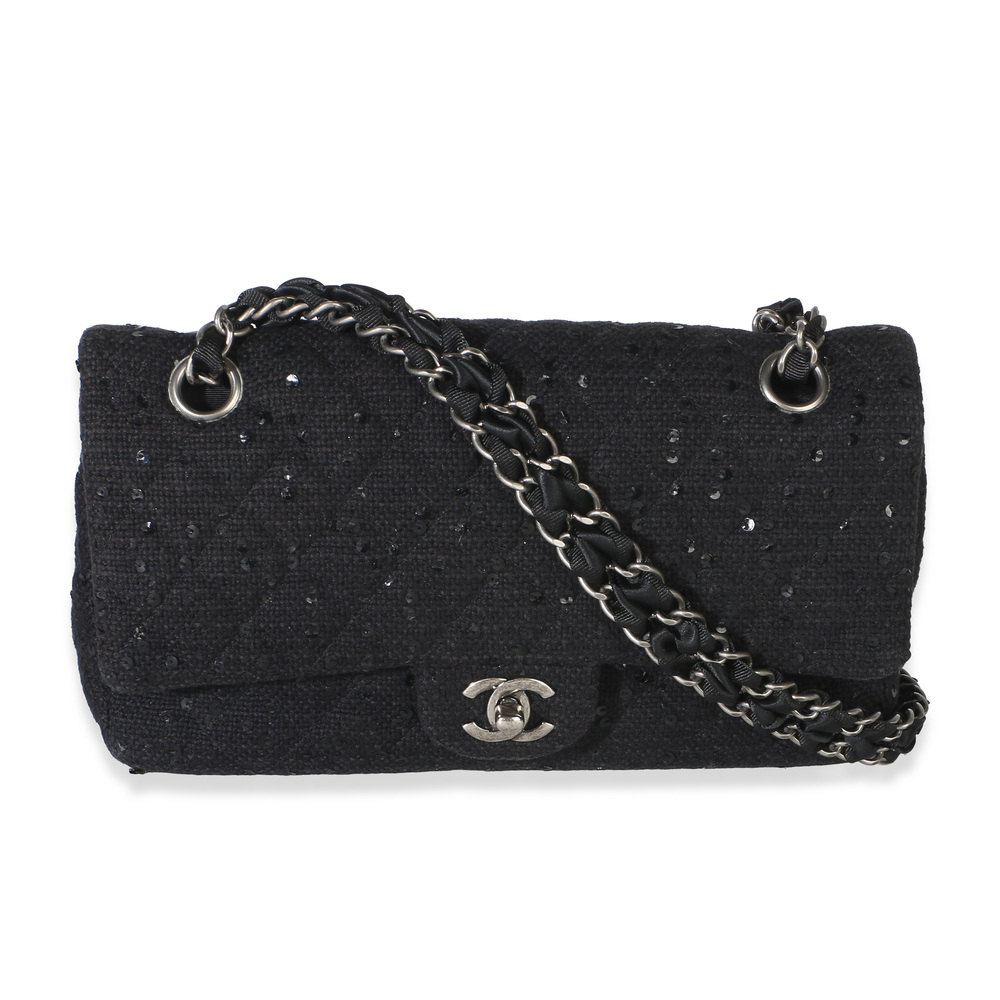 Chanel Vintage Black Tweed Sequin Embroidered Medium Shoulder Flap Bag